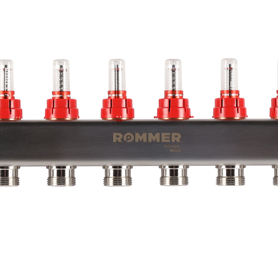 ROMMER RMS-1201-000009 ROMMER Коллектор из нержавеющей стали с расходомерами, с клапаном вып. воздуха и сливом 9 вых.