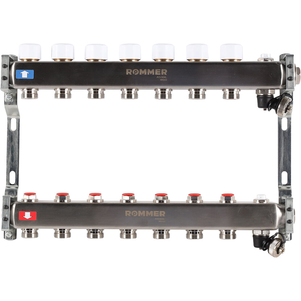 ROMMER RMS-3201-000007 ROMMER Коллектор из нержавеющей стали без расходомеров, с клапаном вып. воздуха и сливом 7 вых.